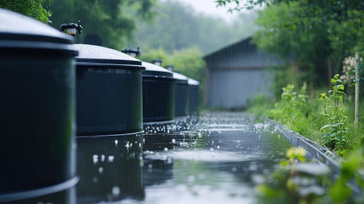 Flachtank bei Regen im Garten zur Regenwassernutzung im Aussenbereich