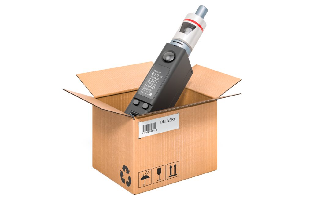 Ein moderner Vaporizer liegt in einer geöffneten Versandbox, bereit zur Lieferung.