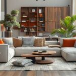 Stilvoll eingerichtetes Wohnzimmer mit großer Bücherwand, modernem Ecksofa, Designer-Couchtisch aus Holz und dekorativen Kissen.