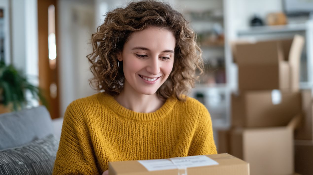 Junge Frau oeffnet zu Hause ein Paket – Momentaufnahme einer durch Lifestyle-Reize wie vape geprägten Kaufentscheidung