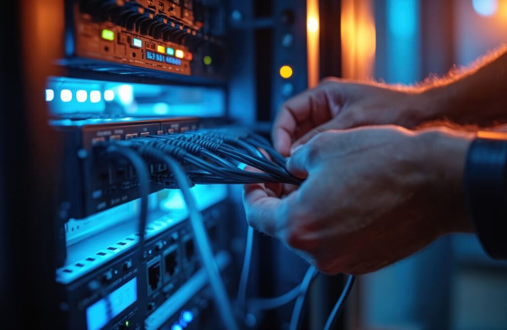 Haende verbinden Netzwerkkabel mit Hutschienen Switch in beleuchtetem Serverschrank